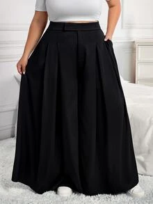 SHEIN CURVE+ CURVE PLUS /Valentine's Day/Plus Size Women's Pleated Loose Pants, Spring/Summer Fall - Black - View 3
