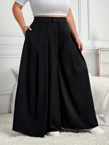 SHEIN CURVE+ CURVE PLUS /Valentine's Day/Plus Size Women's Pleated Loose Pants, Spring/Summer Fall - Black - View 5