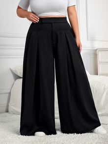 SHEIN CURVE+ CURVE PLUS /Valentine's Day/Plus Size Women's Pleated Loose Pants, Spring/Summer Fall - Black - View 4