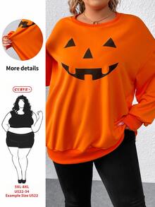 SHEIN CURVE+ Curve Plus Size Halloween Pumpkin Print Drop Shoulder Sweatshirt, Orange Autumn Smart Casual, Women's Fall Graduation Back To School Top - Orange - View 1