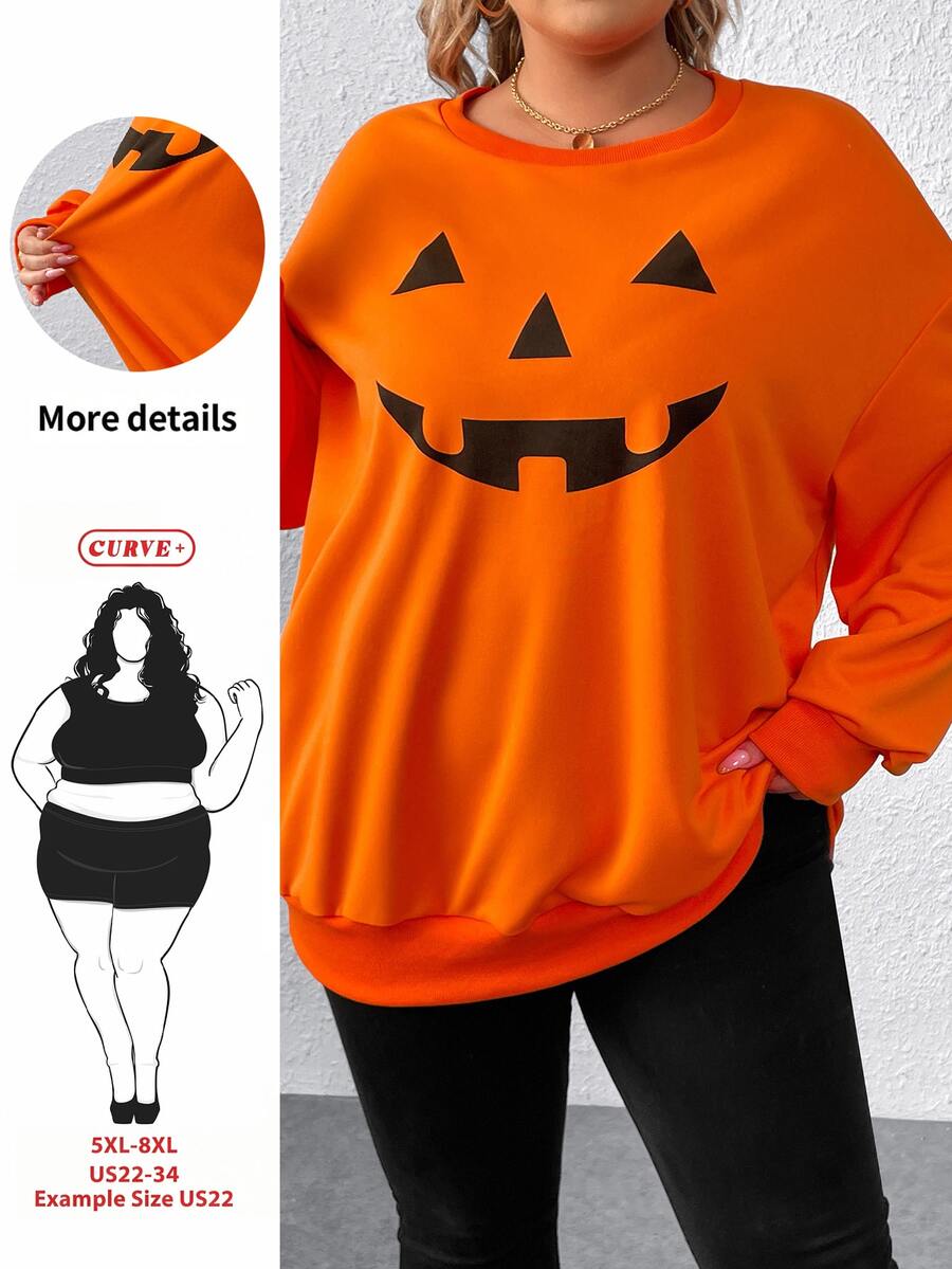 SHEIN CURVE+ Curve Plus Size Halloween Pumpkin Print Drop Shoulder Sweatshirt, Orange Autumn Smart Casual, Women's Fall Graduation Back To School Top - Orange - View 1