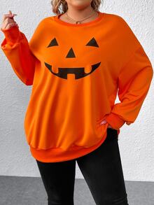 SHEIN CURVE+ Curve Plus Size Halloween Pumpkin Print Drop Shoulder Sweatshirt, Orange Autumn Smart Casual, Women's Fall Graduation Back To School Top - Orange - View 8