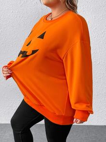 SHEIN CURVE+ Curve Plus Size Halloween Pumpkin Print Drop Shoulder Sweatshirt, Orange Autumn Smart Casual, Women's Fall Graduation Back To School Top - Orange - View 6