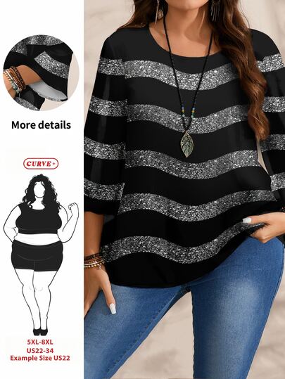 SHEIN CURVE+ Plus Size Women Casual Sexy 70's Black Round Neck 3/4 Sleeve Shirt Autumn Date Night Party Fall