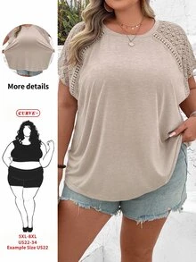 SHEIN CURVE+ 大码拼色蕾丝拼接短袖T恤，适合夏季海滩度假波西米亚风度假 - 卡其色 - 查看 1