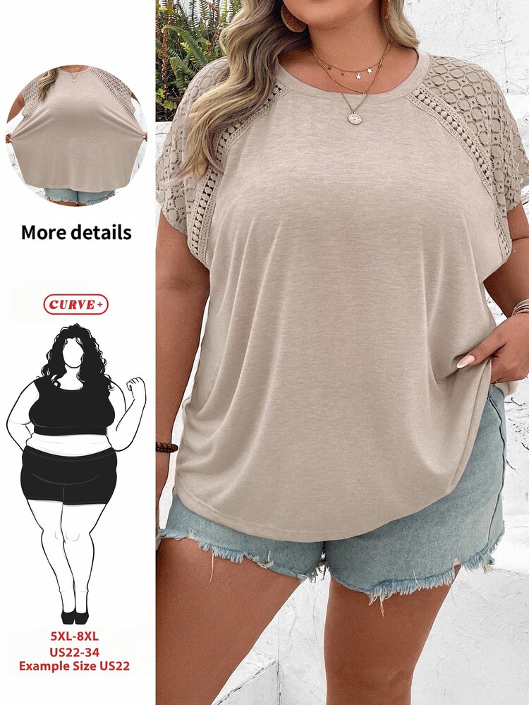 SHEIN CURVE+ Plus Size Color Block Lace Splicing Short Sleeve T-Shirt, Suitable For Beach Vacation In Summer Boho Vacation - Khaki - View 1