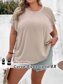 SHEIN CURVE+ 大码拼色蕾丝拼接短袖T恤，适合夏季海滩度假波西米亚风度假 - 卡其色 - 查看 10