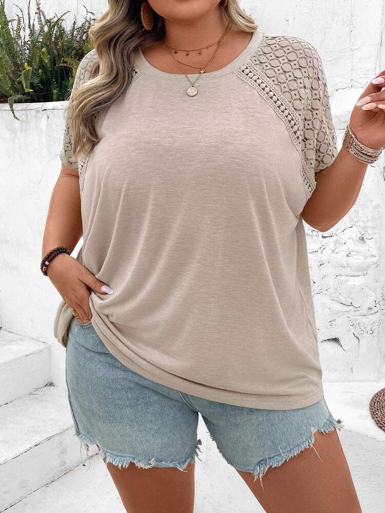 SHEIN CURVE+ Plus Size Color Block Lace Splicing Short Sleeve T-Shirt, Suitable For Beach Vacation In Summer Boho Vacation - Khaki - View 3