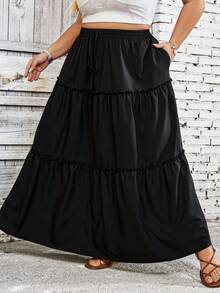 SHEIN CURVE+ Plus Size Casual Solid Color Skirt Boho Vacation Fall - Black - View 5