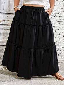 SHEIN CURVE+ Plus Size Casual Solid Color Skirt Boho Vacation Fall - Black - View 8
