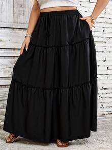 SHEIN CURVE+ Plus Size Casual Solid Color Skirt Boho Vacation Fall - Black - View 10