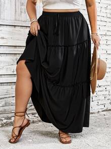 SHEIN CURVE+ Plus Size Casual Solid Color Skirt Boho Vacation Fall - Black - View 9