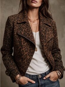 Linhara CURVE Plus Size Women's Woven Leopard-Print Button-Down Fall Jacket - Brown - View 1