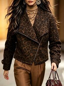 Linhara CURVE Plus Size Women's Woven Leopard-Print Button-Down Fall Jacket - Brown - View 7