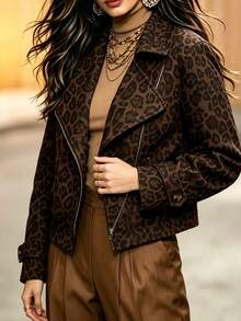 Linhara CURVE Plus Size Women's Woven Leopard-Print Button-Down Fall Jacket - Brown - View 5