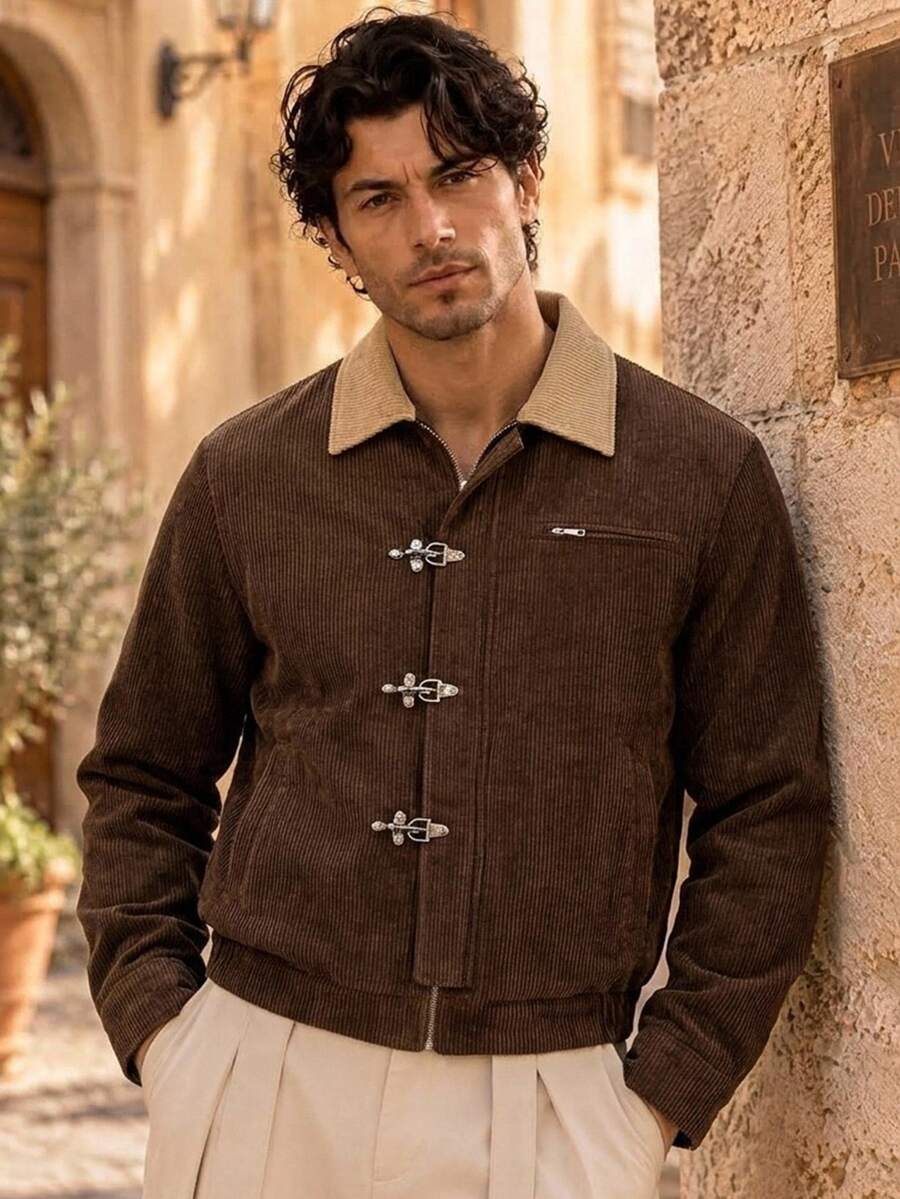 HIMLAND Men's Colorblock Airplane Buckle Casual Versatile Daily Travel Long Sleeve Jacket - Brown - View 1