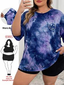 SHEIN CURVE+ 夏季女士扎染印花圆领短袖T恤，大码可选 - 紫色 - 查看 1