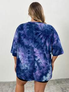 SHEIN CURVE+ 夏季女士扎染印花圆领短袖T恤，大码可选 - 紫色 - 查看 2