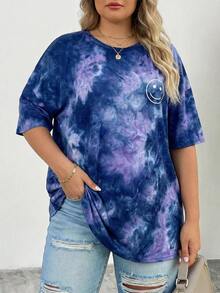 SHEIN CURVE+ 夏季女士扎染印花圆领短袖T恤，大码可选 - 紫色 - 查看 7