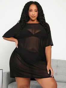 SHEIN CURVE+ 大尺碼寬鬆圓領網眼短袖連衣裙 - 黑色 - 查看 7