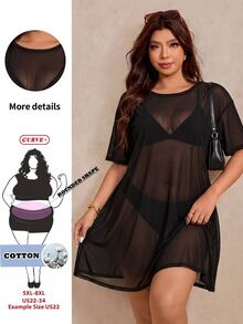 SHEIN CURVE+ 大尺碼寬鬆圓領網眼短袖連衣裙 - 黑色 - 查看 9