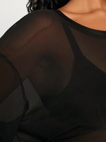 SHEIN CURVE+ 大尺碼寬鬆圓領網眼短袖連衣裙 - 黑色 - 查看 8