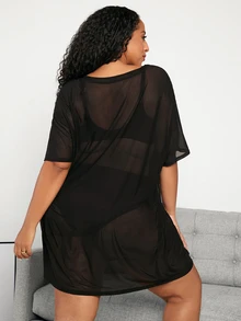 SHEIN CURVE+ 大尺碼寬鬆圓領網眼短袖連衣裙 - 黑色 - 查看 2
