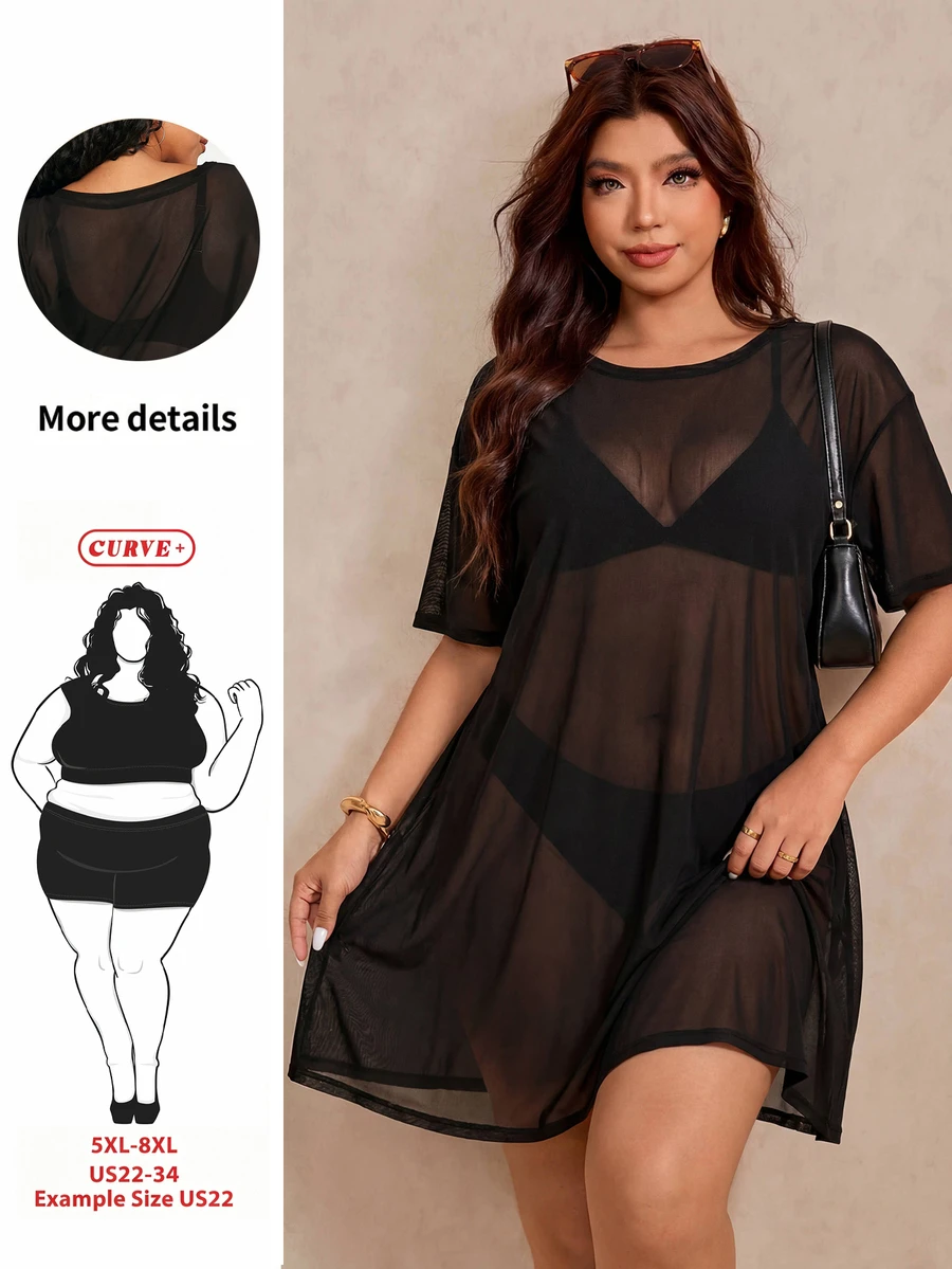 SHEIN CURVE+ 大尺碼寬鬆圓領網眼短袖連衣裙 - 黑色 - 查看 1