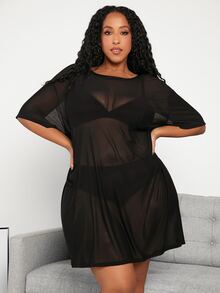 SHEIN CURVE+ 大尺碼寬鬆圓領網眼短袖連衣裙 - 黑色 - 查看 5