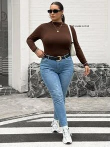 SHEIN CURVE+ Plus Size 22W Mock Neck Ruched Slim Fit Tee Fall - Brown - View 7