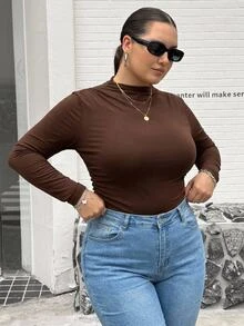 SHEIN CURVE+ Plus Size 22W Mock Neck Ruched Slim Fit Tee Fall - Brown - View 8