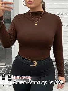 SHEIN CURVE+ Plus Size 22W Mock Neck Ruched Slim Fit Tee Fall - Brown - View 3