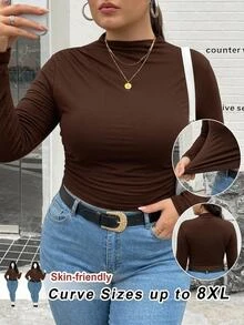 SHEIN CURVE+ Plus Size 22W Mock Neck Ruched Slim Fit Tee Fall - Brown - View 9