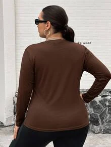 SHEIN CURVE+ Plus Size 22W Mock Neck Ruched Slim Fit Tee Fall - Brown - View 2