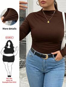 SHEIN CURVE+ Plus Size 22W Mock Neck Ruched Slim Fit Tee Fall - Brown - View 1