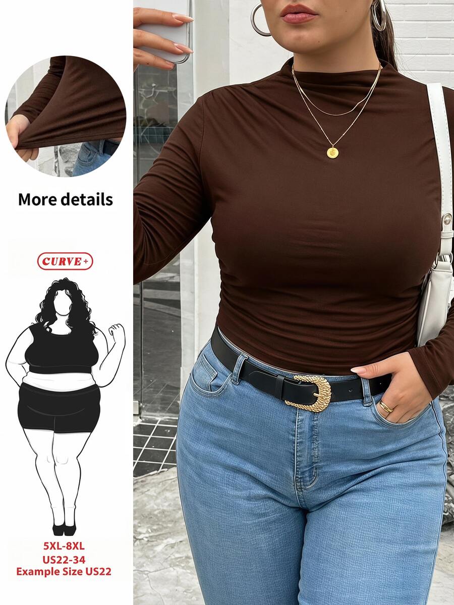 SHEIN CURVE+ Plus Size 22W Mock Neck Ruched Slim Fit Tee Fall - Brown - View 1