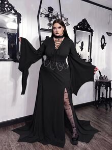 SHEIN CURVE+ Plus Size Lace Patchwork Asymmetrical Hem Black Dress, Halloween Plus Size Women Black Dress Fall - Black - View 7