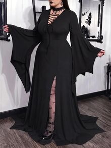 SHEIN CURVE+ Plus Size Lace Patchwork Asymmetrical Hem Black Dress, Halloween Plus Size Women Black Dress Fall - Black - View 5