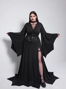 SHEIN CURVE+ Plus Size Lace Patchwork Asymmetrical Hem Black Dress, Halloween Plus Size Women Black Dress Fall - Black - View 8