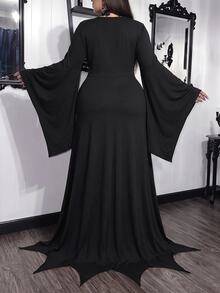 SHEIN CURVE+ Plus Size Lace Patchwork Asymmetrical Hem Black Dress, Halloween Plus Size Women Black Dress Fall - Black - View 3