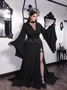 SHEIN CURVE+ Plus Size Lace Patchwork Asymmetrical Hem Black Dress, Halloween Plus Size Women Black Dress Fall - Black - View 6