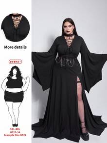 SHEIN CURVE+ Plus Size Lace Patchwork Asymmetrical Hem Black Dress, Halloween Plus Size Women Black Dress Fall - Black - View 2