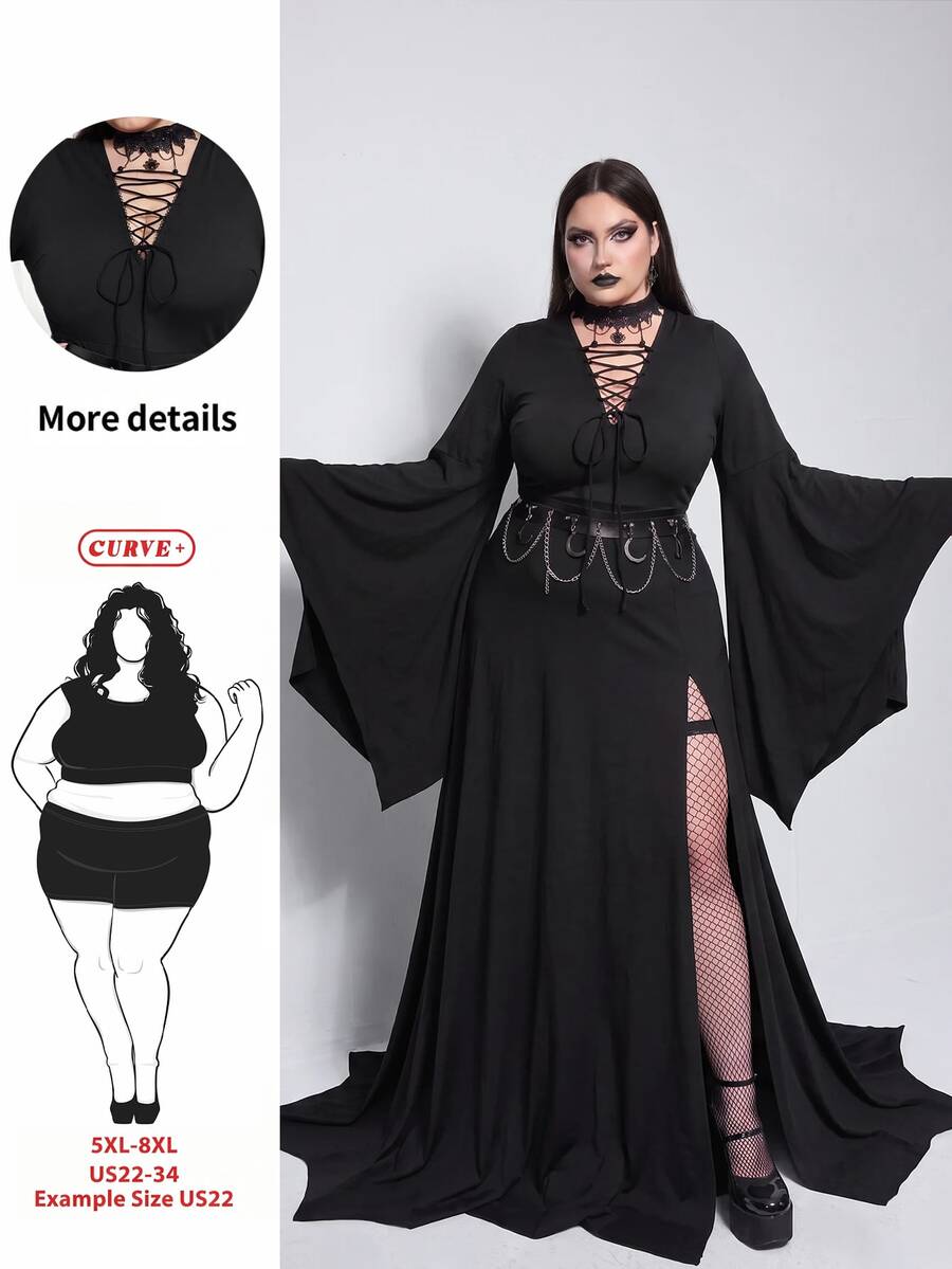 SHEIN CURVE+ Plus Size Lace Patchwork Asymmetrical Hem Black Dress, Halloween Plus Size Women Black Dress Fall