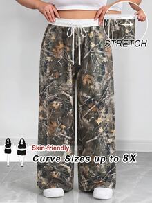 SHEIN CURVE+ Plus Size 22W Plus Size Casual Minimalist Branch Pattern Loose Long Pants, Suitable For Autumn/Winter Fall - Multicolor - View 8