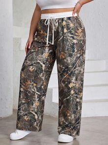 SHEIN CURVE+ Plus Size 22W Plus Size Casual Minimalist Branch Pattern Loose Long Pants, Suitable For Autumn/Winter Fall - Multicolor - View 6