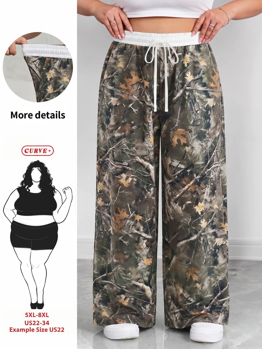 SHEIN CURVE+ Plus Size 22W Plus Size Casual Minimalist Branch Pattern Loose Long Pants, Suitable For Autumn/Winter Fall - Multicolor - View 1
