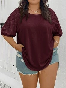 SHEIN CURVE+ 大码女式拼接不同材质上衣，白色T恤 - 紫紅色 - 查看 3