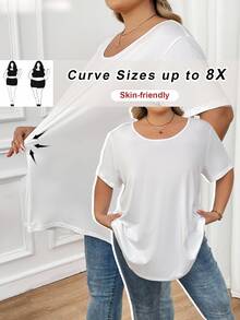 SHEIN CURVE+ Blusa sencilla y casual de talla grande de unicolor con cuello redondo y manga corta - Blanco - Ver 11