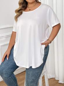 SHEIN CURVE+ Blusa sencilla y casual de talla grande de unicolor con cuello redondo y manga corta - Blanco - Ver 7