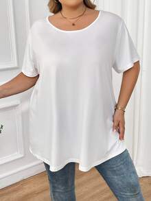 SHEIN CURVE+ Blusa sencilla y casual de talla grande de unicolor con cuello redondo y manga corta - Blanco - Ver 9
